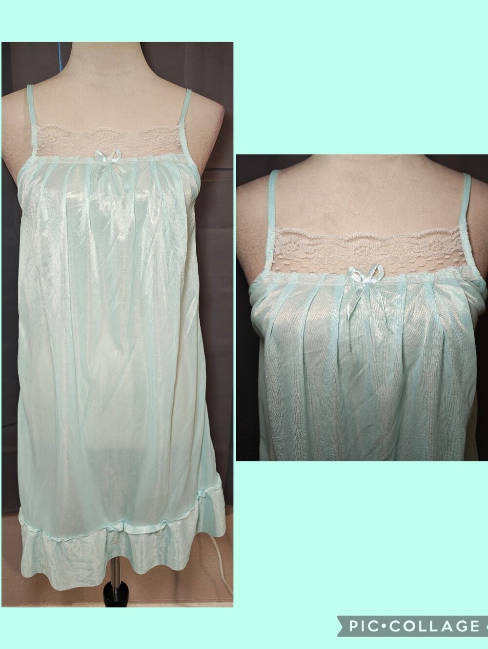 Vintage Vanity Fair Glacier Blue Lingerie Slip Dress Nightgown w Lace Detail.